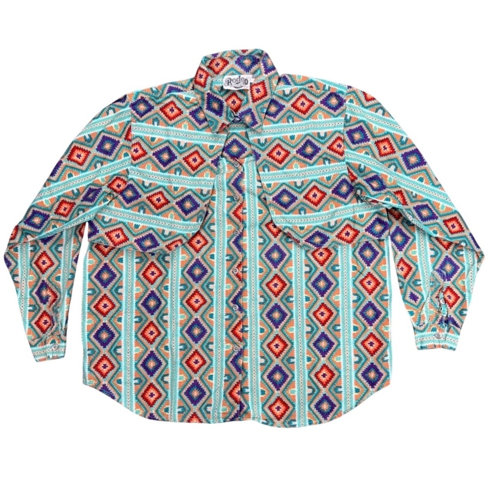 Vtg Rodeo Western Wear Women's Large Cotton Aztec Geometric Print Shirt Boho